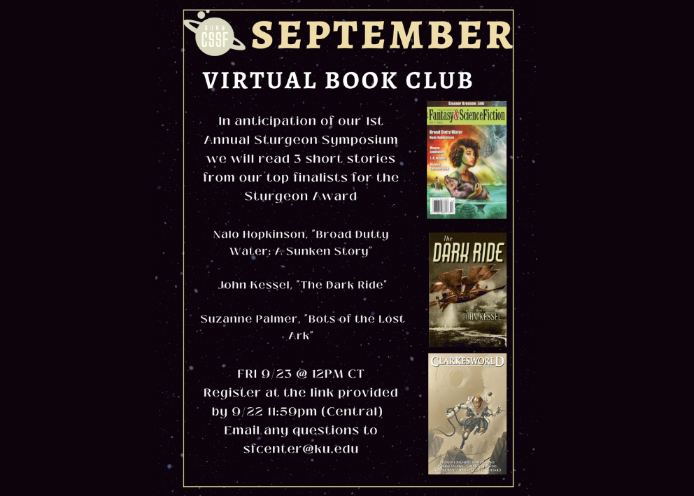 September Virtual Book Club: "Broad Dutty Water: A Sunken Story" by Nalo Hopkinson, "The Dark Ride" by John Kessel, & "Bots of the Lost Ark" by Suzanne Palmer